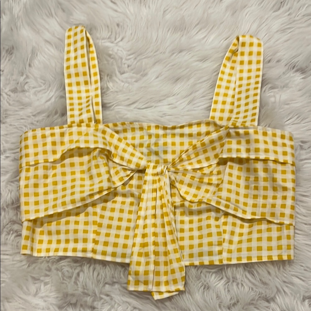 Zara Yellow and White Sleeveless Tie Front Crop Tank Top